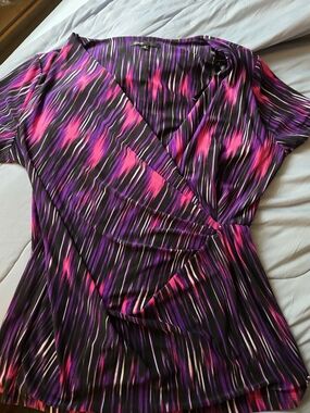Chaus Black Top with Purple & Pink Striped Brushstrokes
